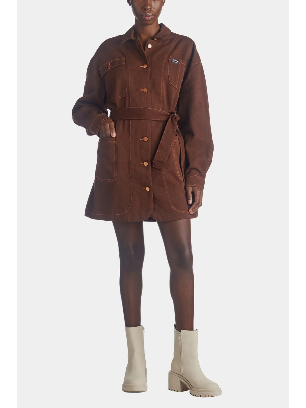 nwt Fifth Label Sz M Sz 6 Brown Cathedral Belted Button Front Shacket Mini Dress
